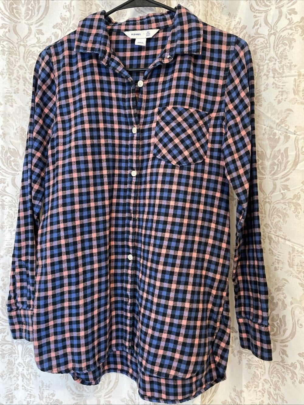 Old Navy Tunic Shirt - Small - Pink/Blue/Purple Plaid - 100% Cotton - Curved Hem